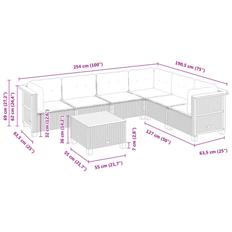 7-delige Loungeset met kussens poly rattan zwart