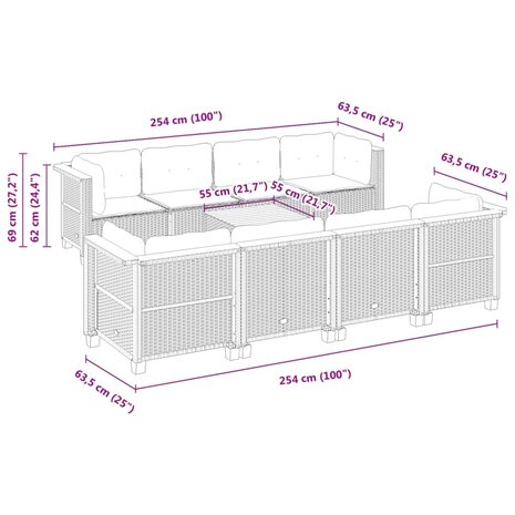 9-delige Loungeset met kussens poly rattan zwart