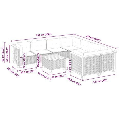 9-delige Loungeset met kussens poly rattan zwart