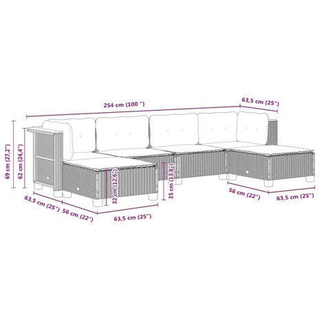 6-delige Loungeset met kussens poly rattan zwart