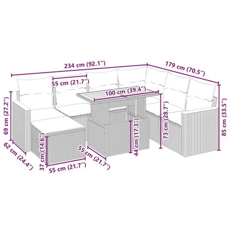 8-delige Loungeset met kussens poly rattan beige