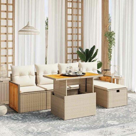 6-delige Loungeset met kussens poly rattan beige