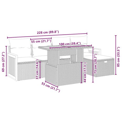6-delige Loungeset met kussens poly rattan beige