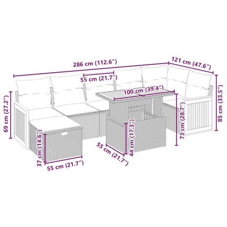 8-delige Loungeset met kussens poly rattan beige