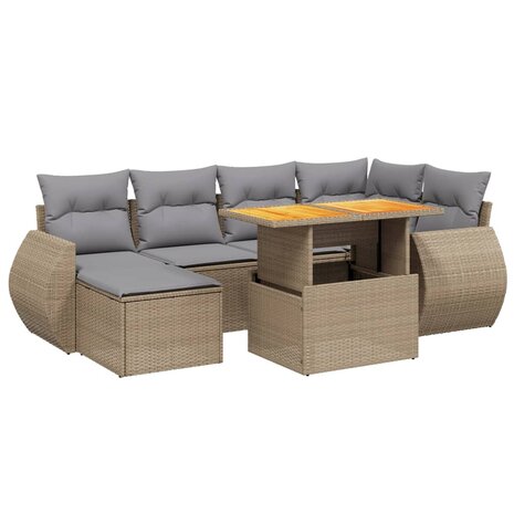 7-delige Loungeset met kussens poly rattan beige