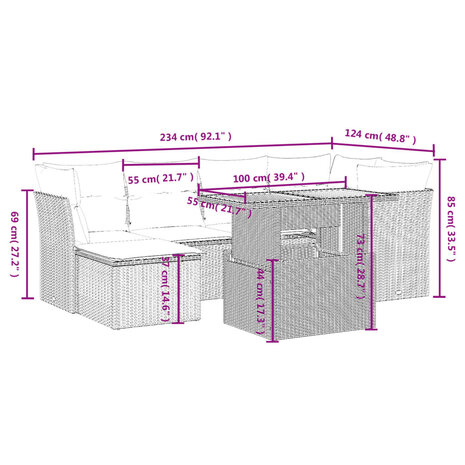7-delige Loungeset met kussens poly rattan beige