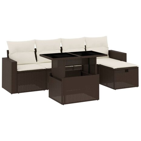 6-delige Loungeset met kussens poly rattan bruin