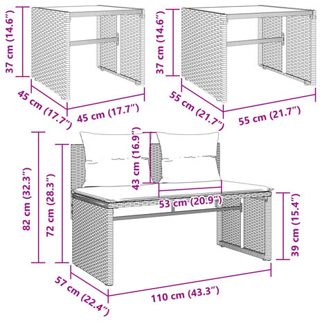 4-delige Loungeset met kussens poly rattan grijs