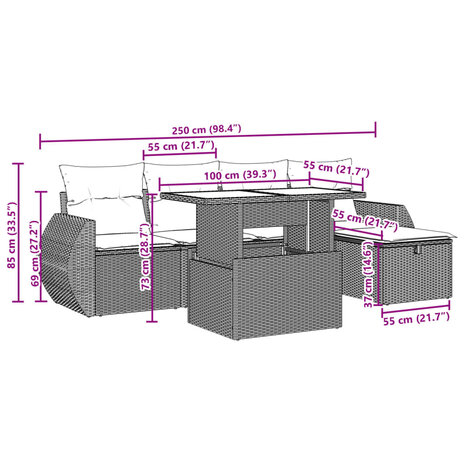 6-delige Loungeset met kussens poly rattan beige