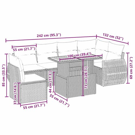 7-delige Loungeset met kussens poly rattan beige