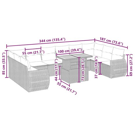 11-delige Tuinset met kussens poly rattan beige