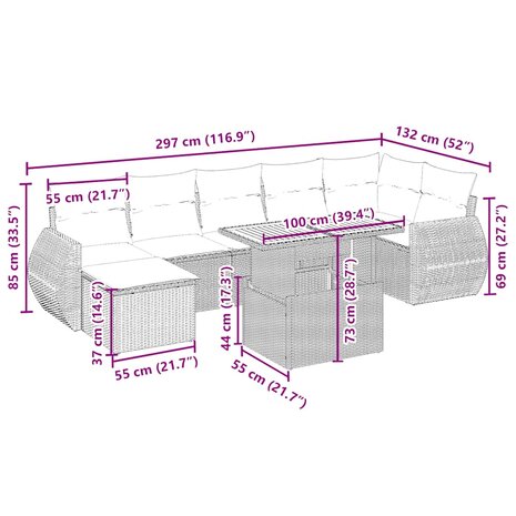 8-delige Loungeset met kussens poly rattan beige