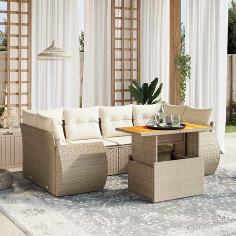 7-delige Loungeset met kussens poly rattan beige