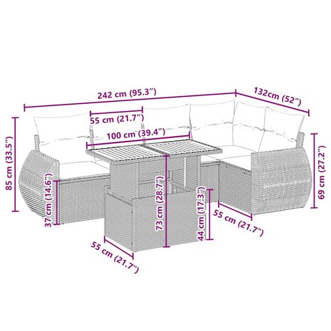 6-delige Loungeset met kussens poly rattan beige