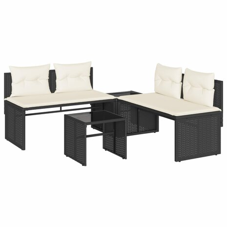4-delige Loungeset met kussens poly rattan zwart