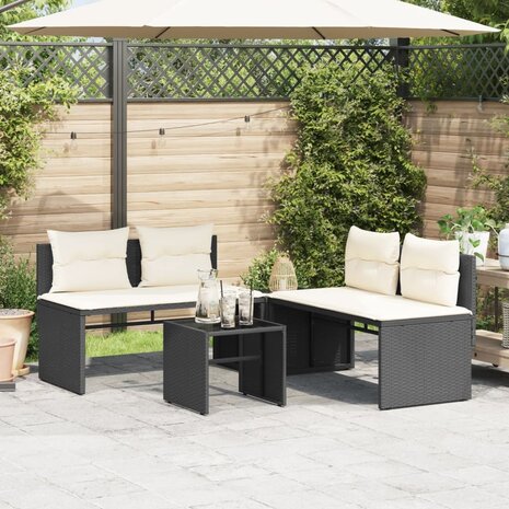 4-delige Loungeset met kussens poly rattan zwart
