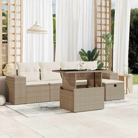 6-delige Loungeset met kussens poly rattan beige