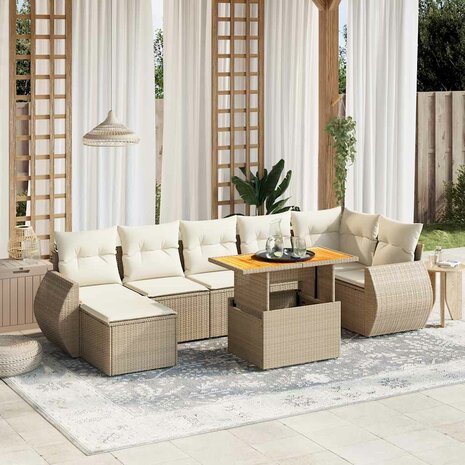 8-delige Loungeset met kussens poly rattan beige