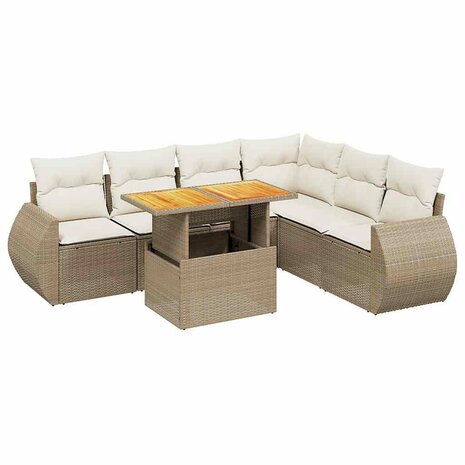 7-delige Loungeset met kussens poly rattan beige