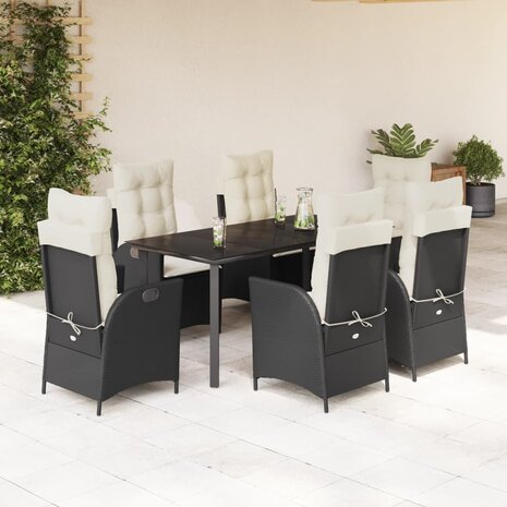 7-delige Tuinset met kussens poly rattan zwart