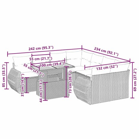 9-delige Loungeset met kussens poly rattan beige