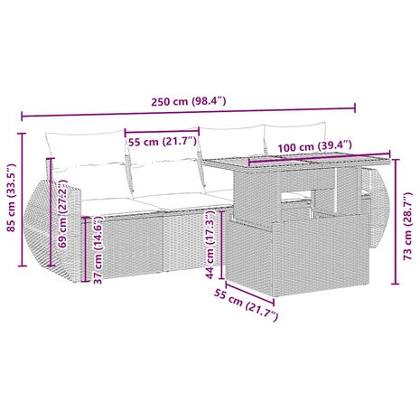 5-delige Loungeset met kussens poly rattan beige