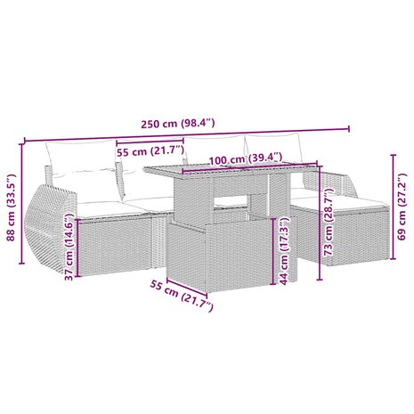 6-delige Loungeset met kussens poly rattan beige