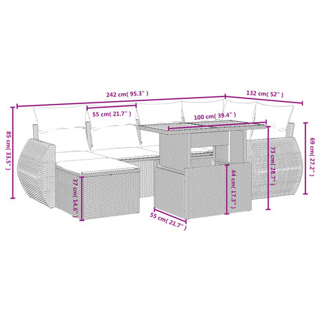 7-delige Loungeset met kussens poly rattan beige