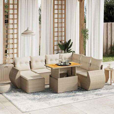 8-delige Loungeset met kussens poly rattan beige