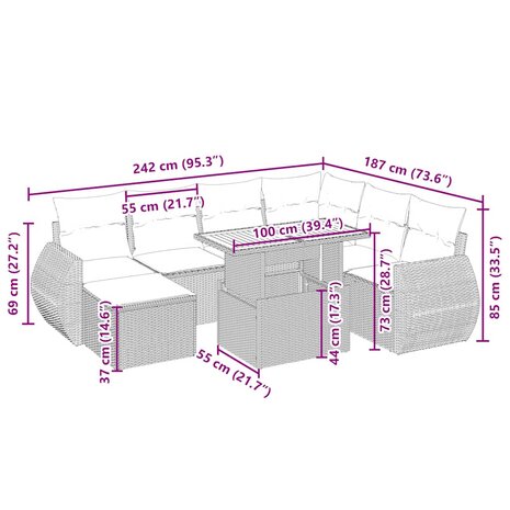 8-delige Loungeset met kussens poly rattan beige