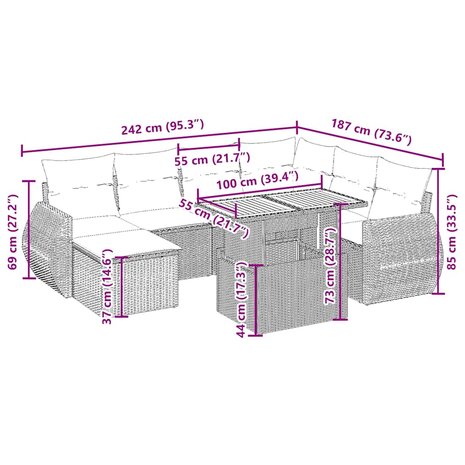 8-delige Loungeset met kussens poly rattan beige