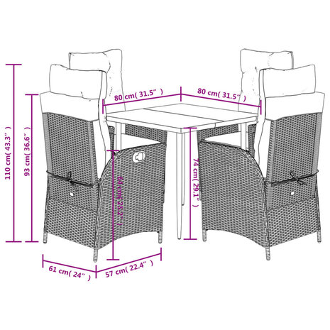 5-delige Tuinset met kussens poly rattan zwart