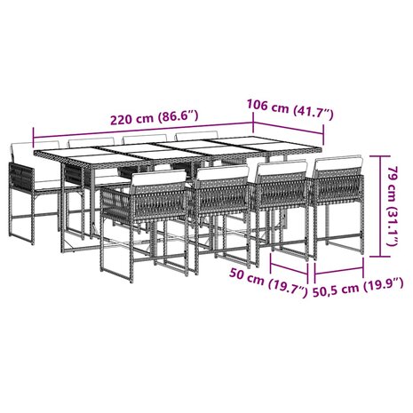 9-delige Tuinset met kussens poly rattan grijs