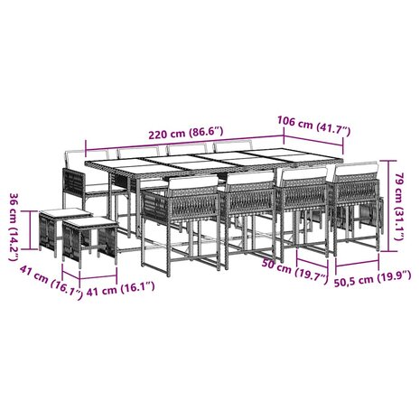 13-delige Tuinset met kussens poly rattan bruin