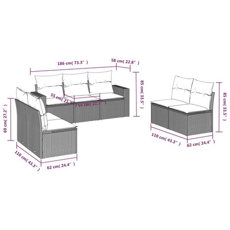 7-delige Loungeset met kussens poly rattan lichtgrijs
