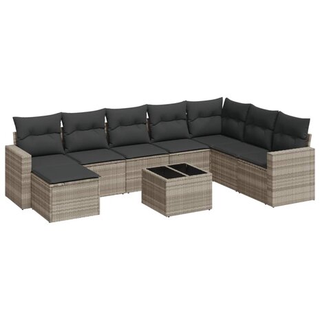 9-delige Loungeset met kussens poly rattan lichtgrijs