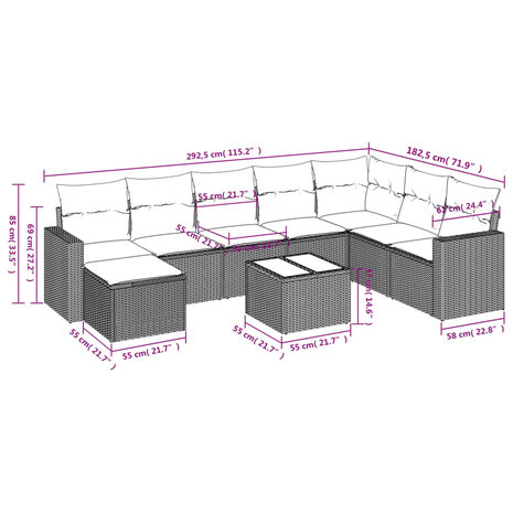 9-delige Loungeset met kussens poly rattan lichtgrijs