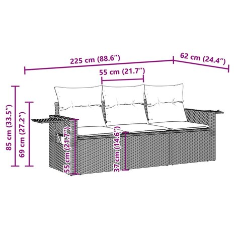 3-delige Loungeset met kussens poly rattan lichtgrijs