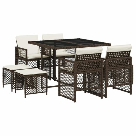 9-delige Tuinset met kussens poly rattan bruin