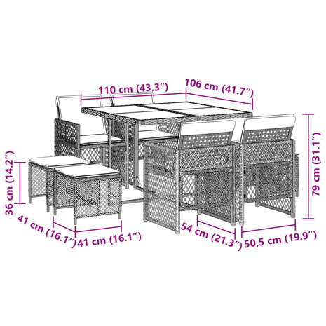 9-delige Tuinset met kussens poly rattan bruin