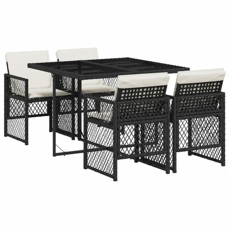 5-delige Tuinset met kussens poly rattan zwart