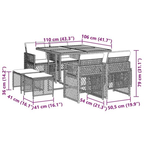 9-delige Tuinset met kussens poly rattan grijs