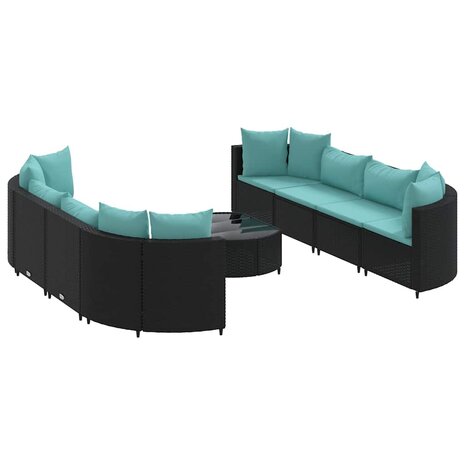 9-delige Loungeset met kussens poly rattan zwart