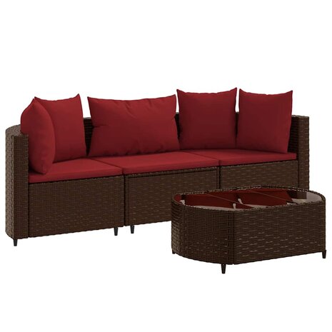 4-delige Loungeset met kussens poly rattan bruin