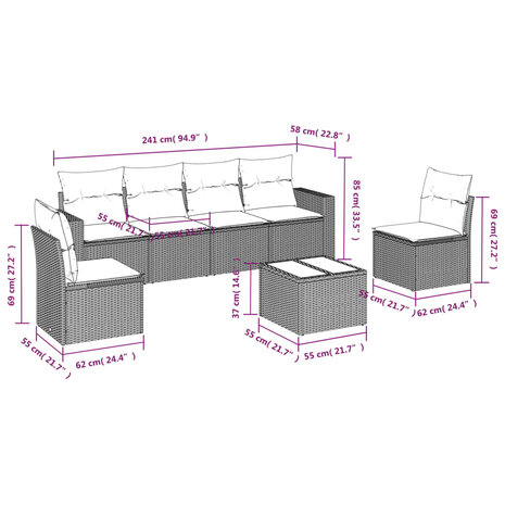 7-delige Loungeset met kussens poly rattan lichtgrijs