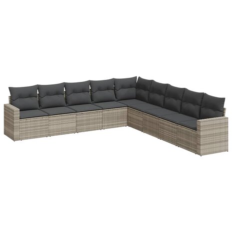 9-delige Loungeset met kussens poly rattan lichtgrijs