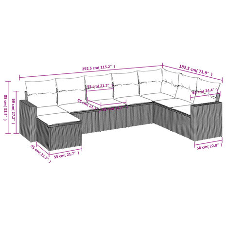 8-delige Loungeset met kussens poly rattan lichtgrijs