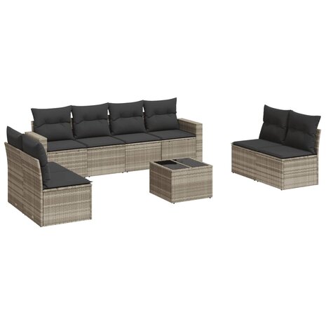 9-delige Loungeset met kussens poly rattan lichtgrijs