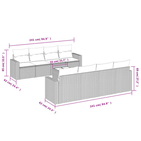 9-delige Loungeset met kussens poly rattan lichtgrijs