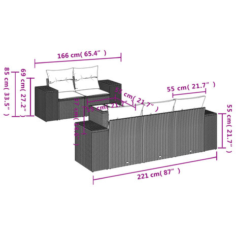 6-delige Loungeset met kussens poly rattan lichtgrijs